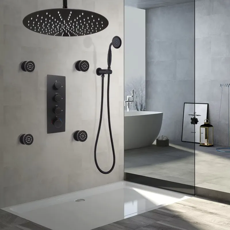 Spa & Wellness Paradies Braunschweig - 4ピースマットブラックセラミック製流量調整可能真鍮シャワーボディジェットスパソフトコンテンポラリーデザインウォールスプレーヤーセット（ホテル用）